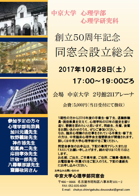 第1回中京大学心理学部・心理学研究科同窓会ポスター