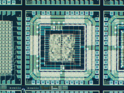 研究室で設計・開発した画像処理用LSIのチップ　顕微鏡写真