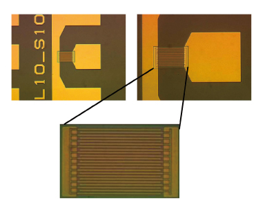 試作したMSM-PD外観と微細構造電極幅/間隔は0.1μm/0.2μm