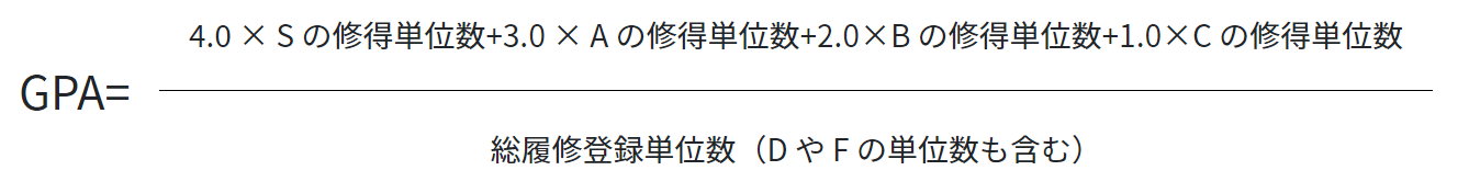 GPA=(4.0 × S の修得単位数+3.0 × A の修得単位数+2.0×B の修得単位数+1.0×C の修得単位数) / 総履修登録単位数（D や F の単位数も含む）